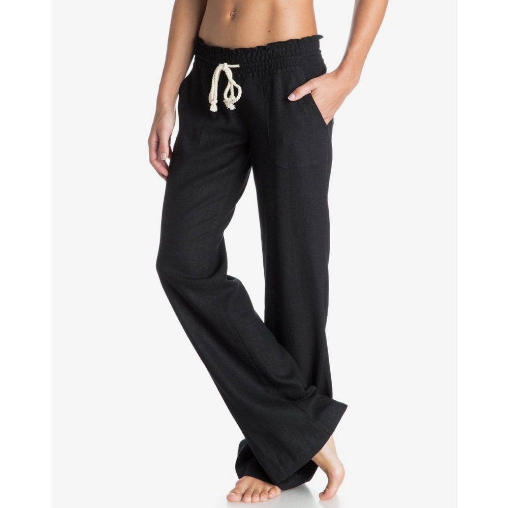 Roxy Sz XL Oceanside Flared Linen Pants Black Breathable Spring Summer Casual